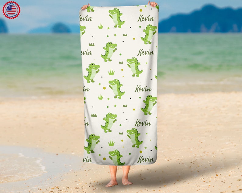 Personalized Cute Alligator Name Beach Towel