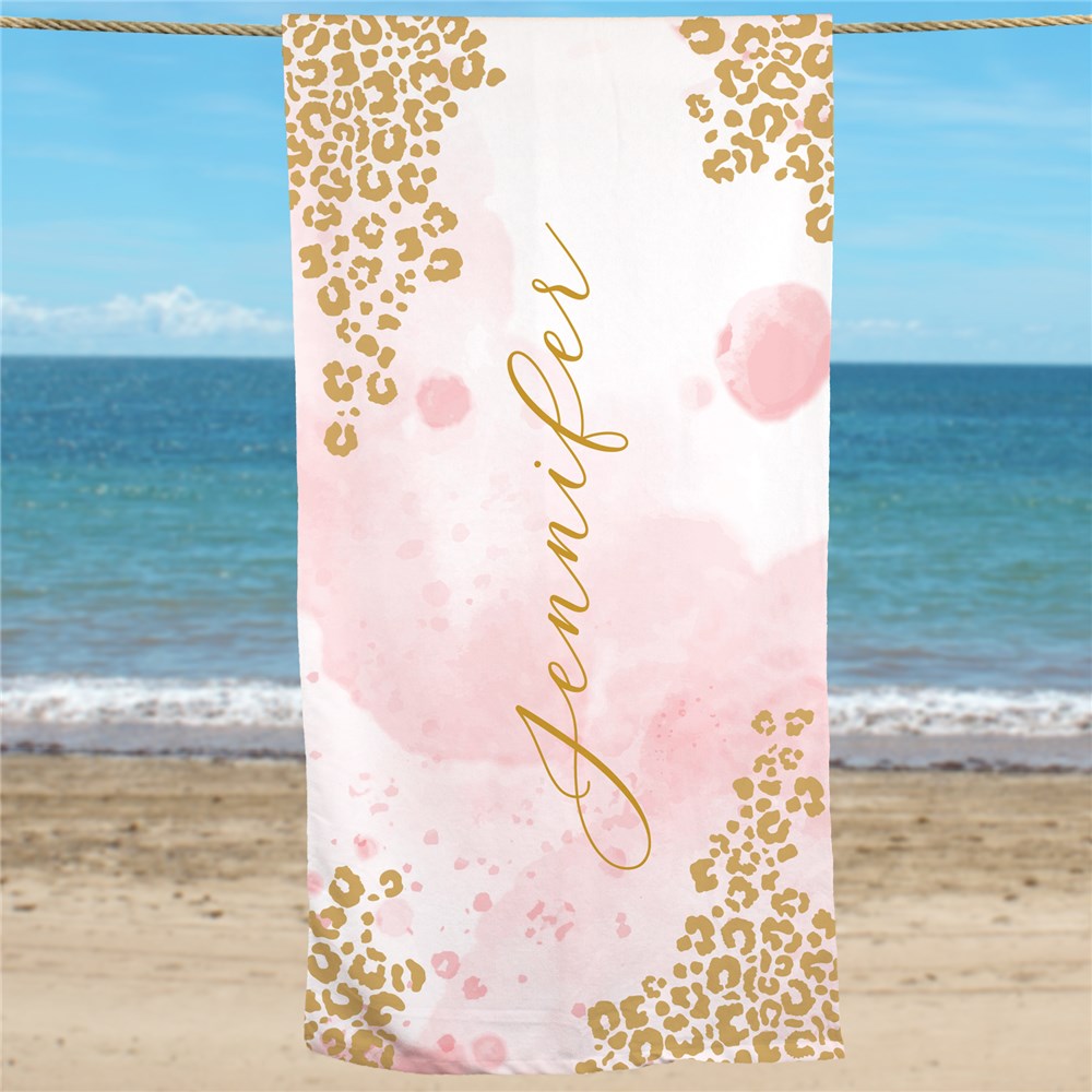 Personalized Pink Watercolor with Leopard Print Beach Towel
