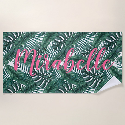 Tropical Watercolor Palm Leaves Custom Pink Name Beach Towel
