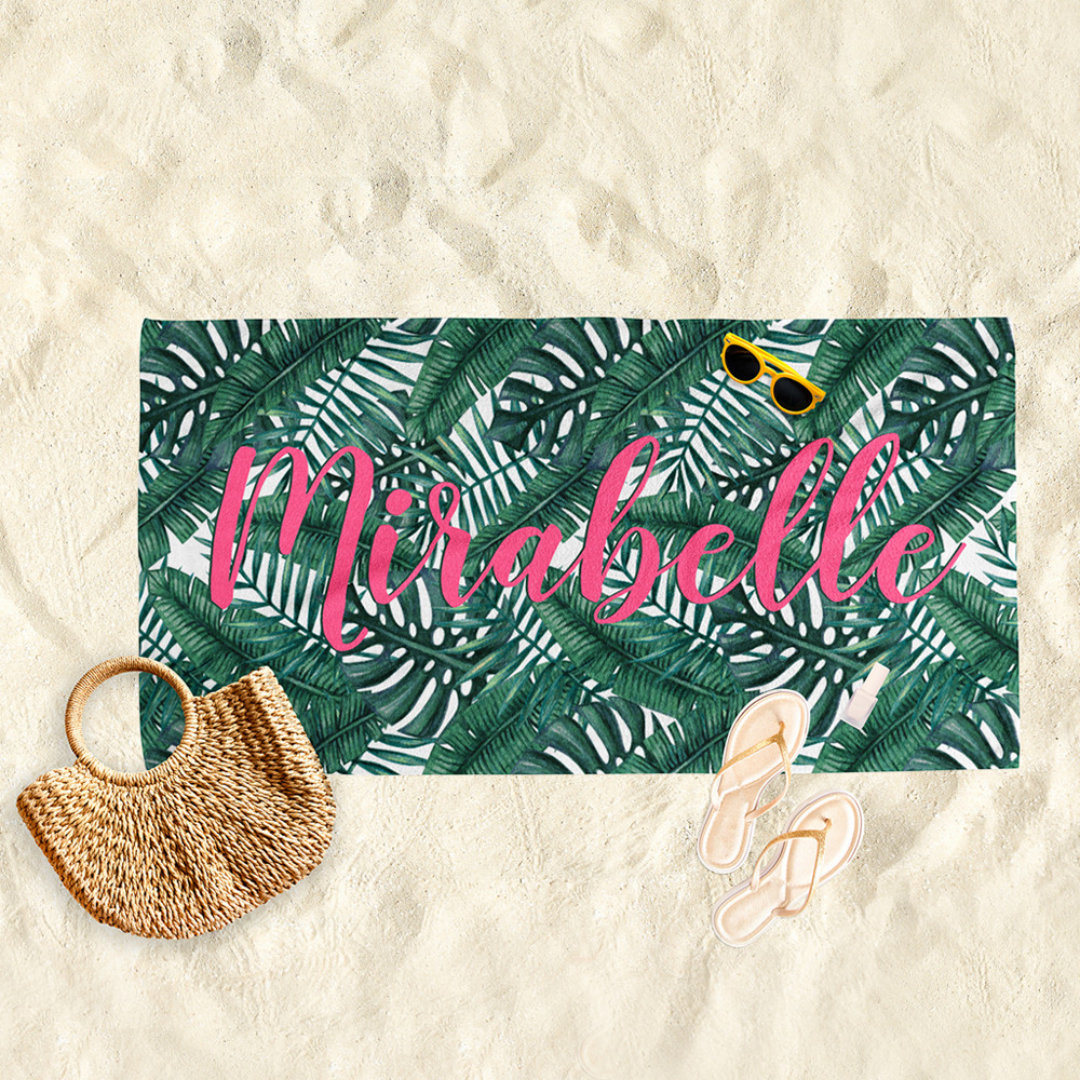 Tropical Watercolor Palm Leaves Custom Pink Name Beach Towel