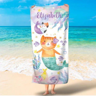 Personalized cat mermaid towel for kids