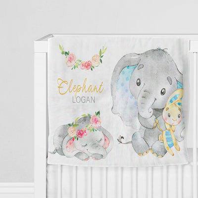 Elephant Personalized Baby Blanket With Flower