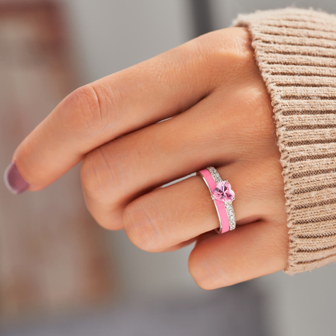 S925 STOP OVER APOLOGIZING PINK ENAMEL HEART RING