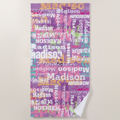 Personalized Girl's Name Pink Purple Beach Towel