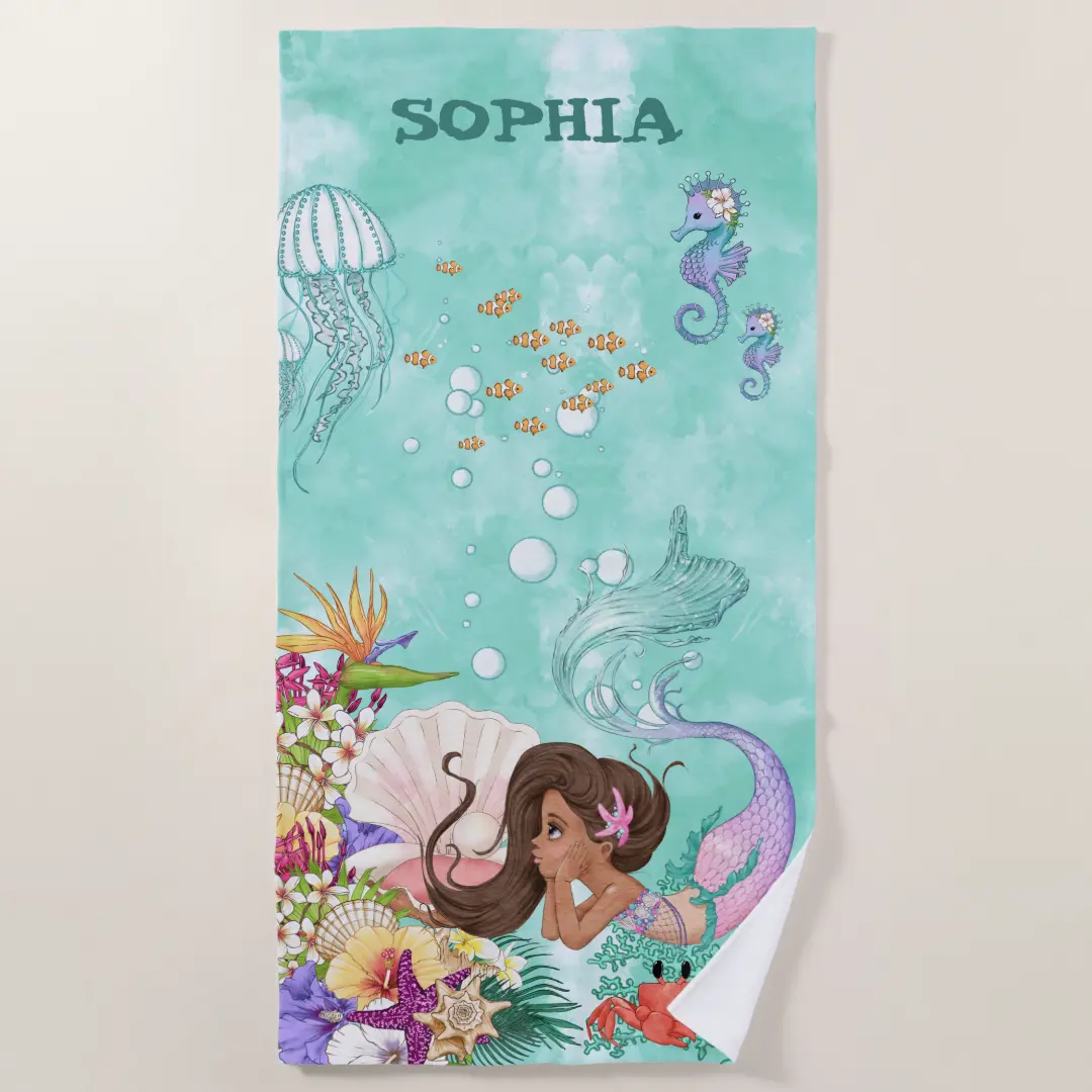 Mermaid Pink Blue Starfish Cute Personal Beach Towel