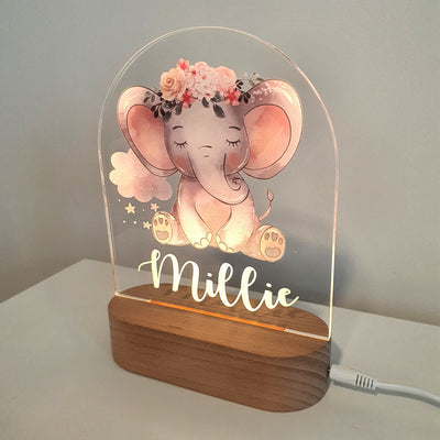 Personalised Night Light baby gift - Custom Name Nursery Night Light - Pink Baby Elephant Cloud
