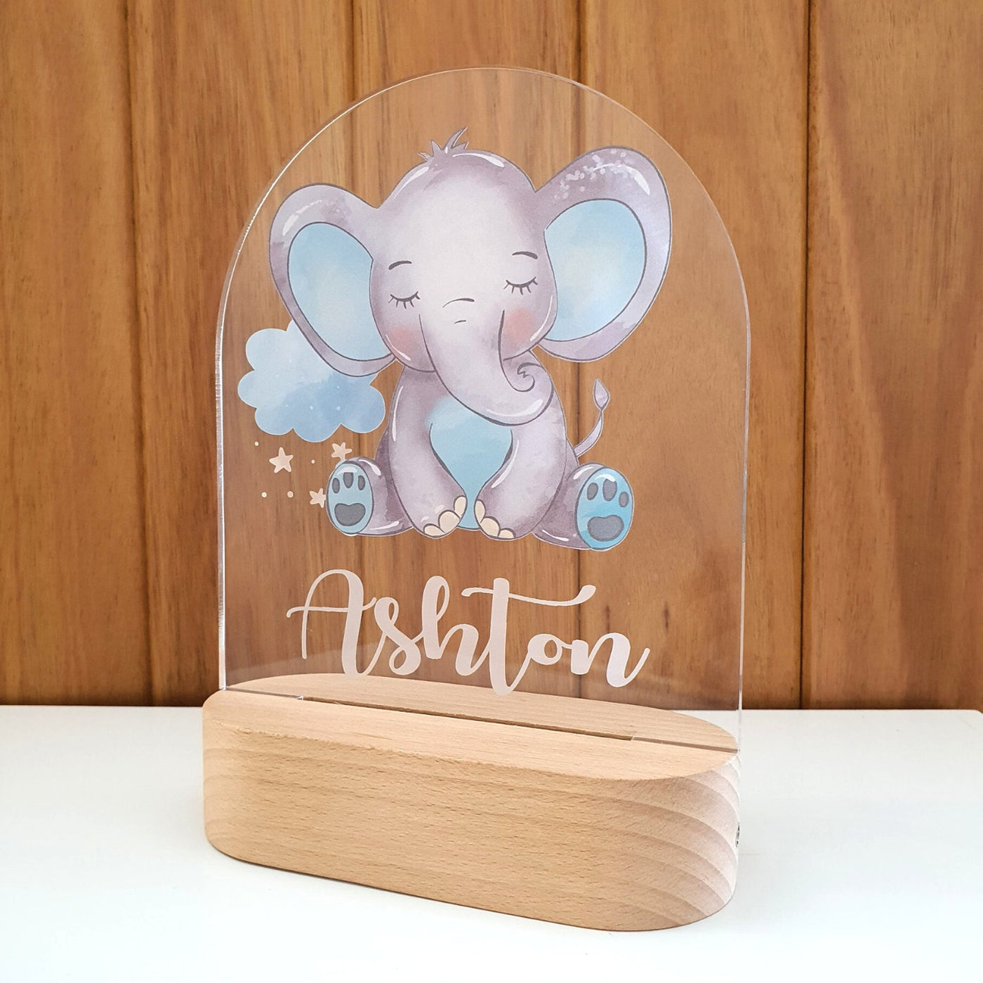 Personalised Night Light baby gift - Custom Name Nursery Night Light - Blue Baby Elephant Cloud