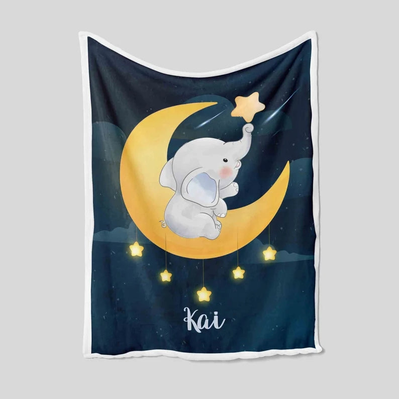 Personalized Name Elephant Moon Blanket
