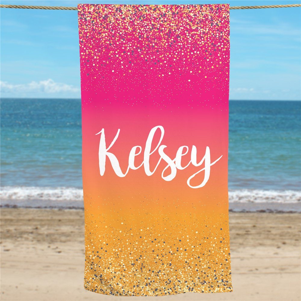 Personalized Gradient And Glitter Beach Towel