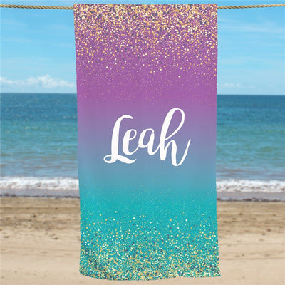 Personalized Gradient And Glitter Beach Towel