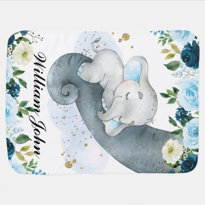 Blue Floral Elephant With Mom Name Baby Blanket