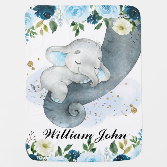 Blue Floral Elephant With Mom Name Baby Blanket